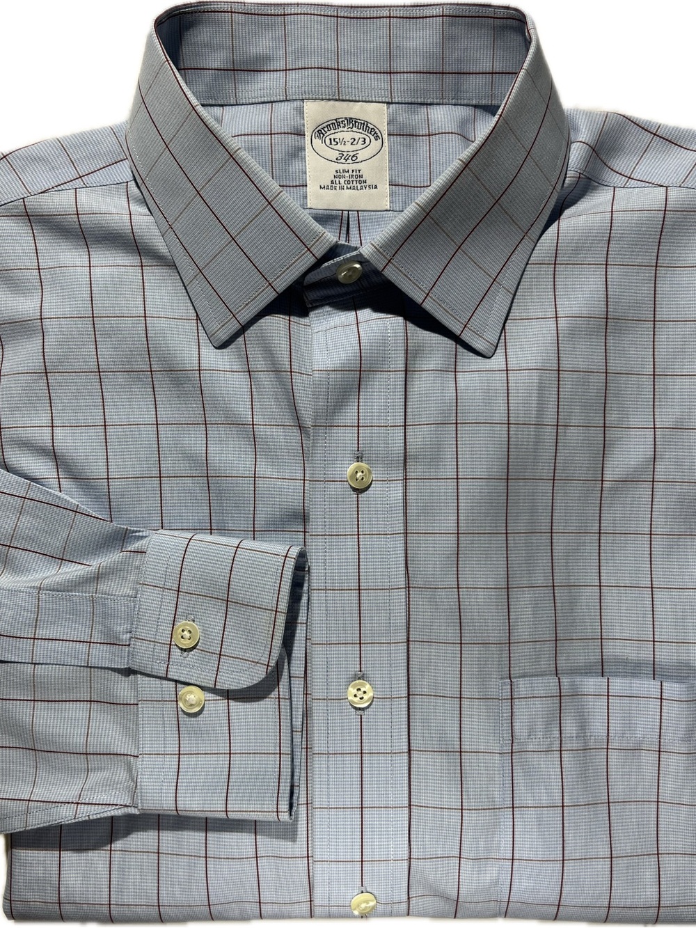 Brooks Brothers Light Blue Dress Shirt with Burgundy Windowpane